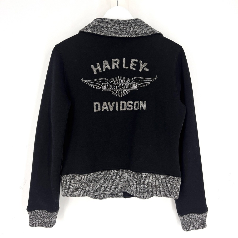 Harley Davidson Women's Medium Black Logo Jacket Moto Biker Snap Front Knit Trim
